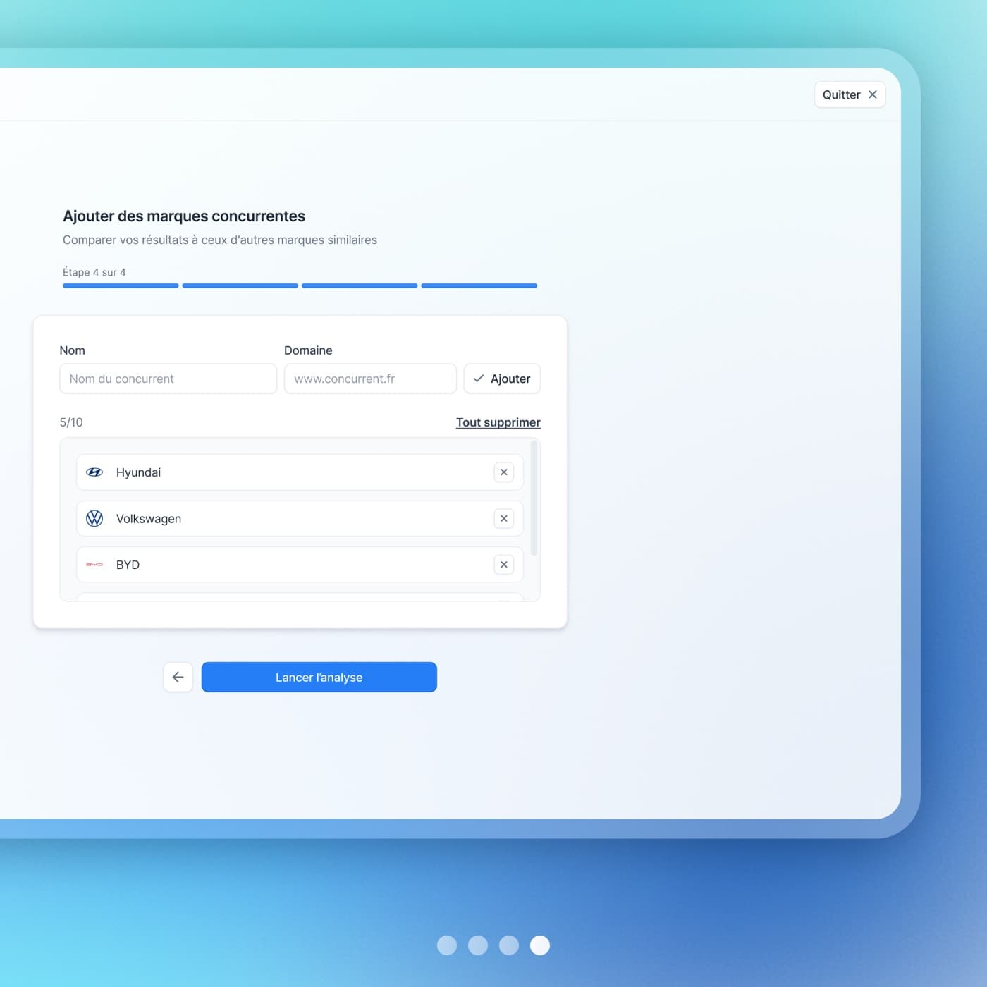 Onboarding étape 4 : ajout des marques concurrentes avant lancement de l'analyse