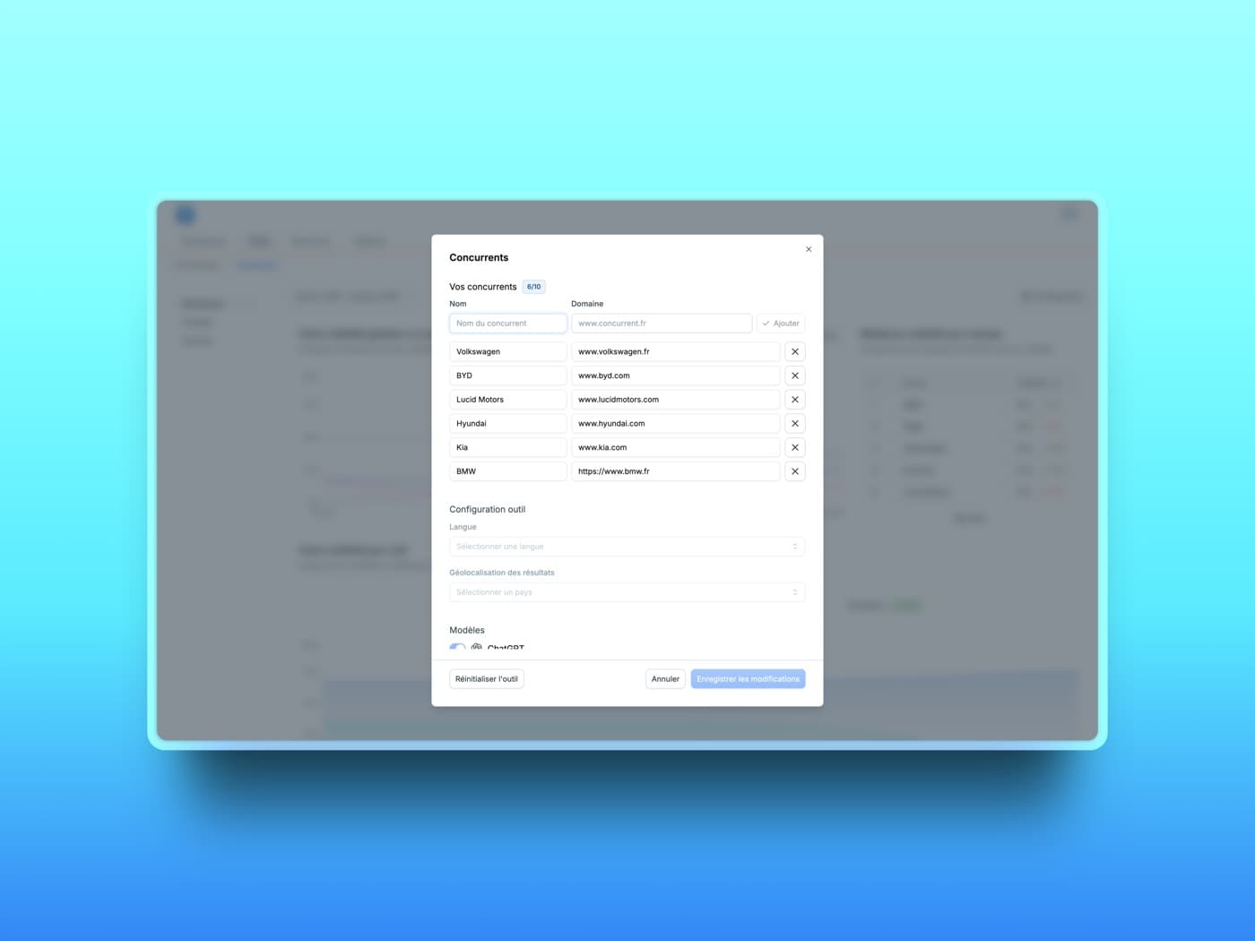 Modale de configuration de l'outil : concurrents suivis, langue et modèles